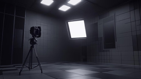 Camera Setup In Studio, Dark Theme And Lighting Equipment For Video Shootsの素材