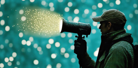 Photographer Captures Light with Spotlight in Winter Wonderland. Night Photography.の素材