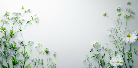 Celebrate white flowers and greenery on a bright background with purity theme.の素材