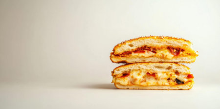 Pizza Pocket Sandwich Holds Melted Cheese and Pepperoni with Delicious Fast Food Theme.の素材