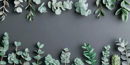 Eucalyptus Leaves Arranged on Gray Background with Minimalist Floral Themeの素材