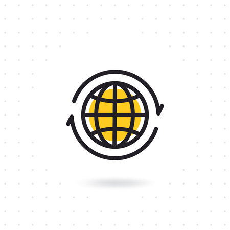 Arrows around planet earth. Globe and arrow vector. Vector globe icon of the world. Colored flat line vector illustration.のイラスト素材