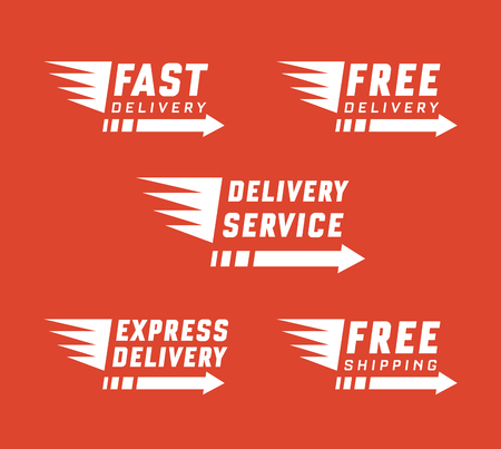 Set of delivery text signs and label. Vector set of delivery service on red background. Free delivery, free shipping labels. Illustration of shipments and free deliveryのイラスト素材