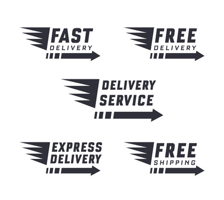 Set of delivery text signs and label. Vector set of delivery service on white background. Free delivery, free shipping labels. Illustration of shipments and free deliveryのイラスト素材