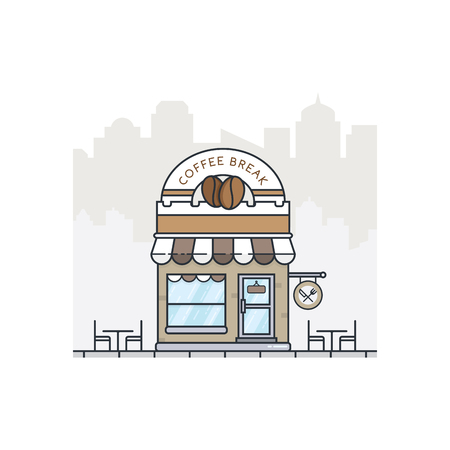 Coffee shop store building in flat design. Coffee break shop illustration. Store building on town street landscape. Vector illustrationのイラスト素材
