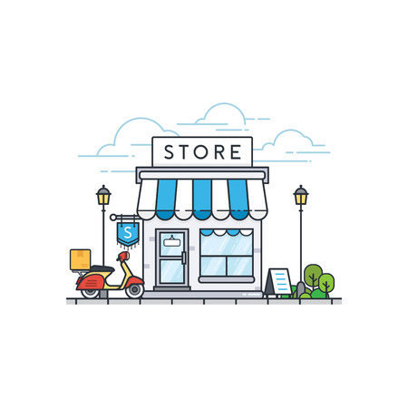 Online store building. Store front and scooter delivery. Street local retail shop building. Vector illustrationのイラスト素材