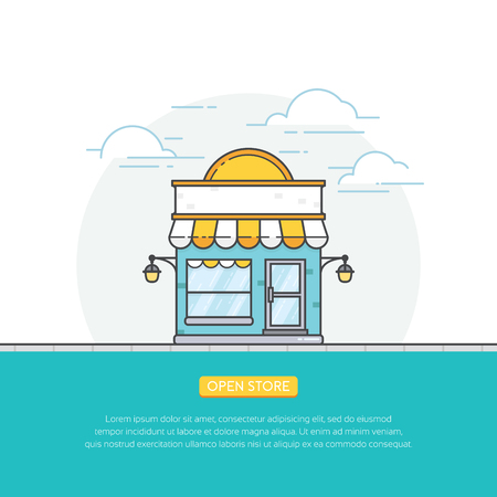 Open online store, store front building vector concept. Storefront illustration in flat style. Online shop, store banner design. Vector illustrationのイラスト素材
