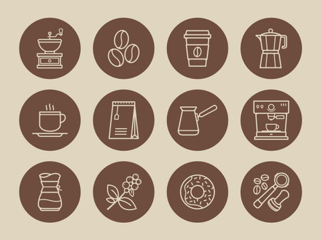 Simple round vector icons of coffee. Collection coffee icons in thin line style. Cafe vector icons. Vector illustrationのイラスト素材