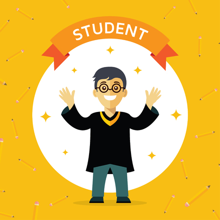 Student illustration with flat design style on yellow backgroundのイラスト素材