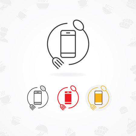Food mobile app icon, Mobile app logo icon with symbol of fork, spoon and phoneのイラスト素材