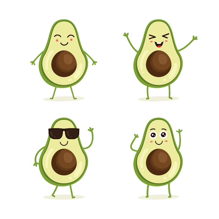 Cute vector set of avocado fruit character in different action emotion. Collection of avocado characters in different expressions, Funny fruit character isolated on white backgroundのイラスト素材