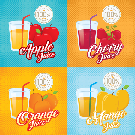 Fruit juice illustration. Retro poster, vector label illustration. Vintage advertisement with fruit and glassのイラスト素材