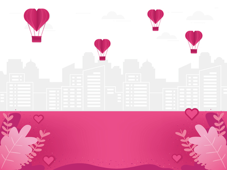 Love background illustration with cityscape. Illustration of love, Air balloon flying on the sky. Cityscape landscape backgroundのイラスト素材