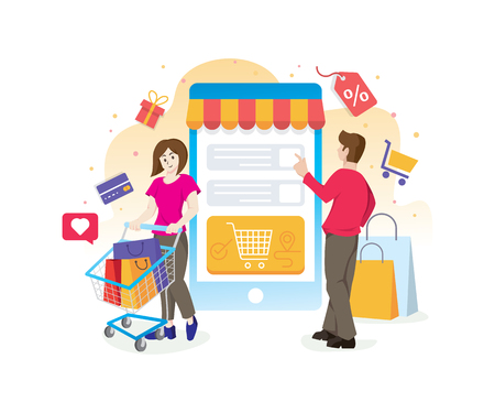 Online shopping concept with characters. Man and Woman with concept of shopping illustration. Shopping concept with characters. Online shopping illustration, Online payment, sale - vectorのイラスト素材