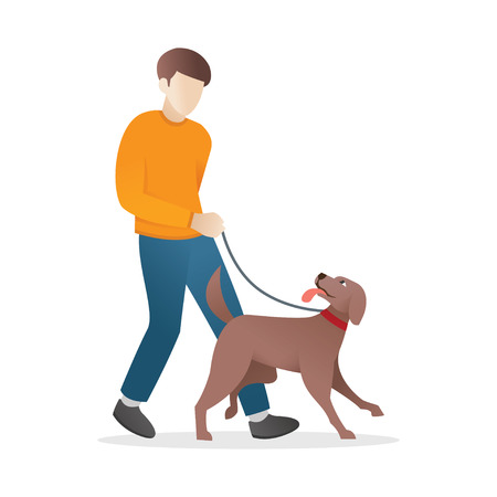 A Man is walking with his dog. Pet and their owner vector Illustration on a white background. Young man walking with his dog. Vector illustrationのイラスト素材