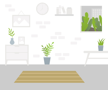 Interior of the living room. Design of cozy room with table, window, carpet, house plants. Vector Flat illustrationのイラスト素材