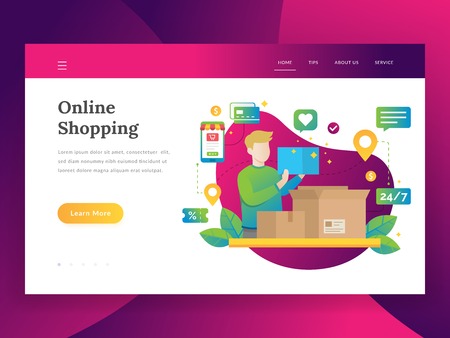 Modern flat design illustration concept of Online Shopping. Landing page with man or customer receiving package buying goods at internet storeのイラスト素材