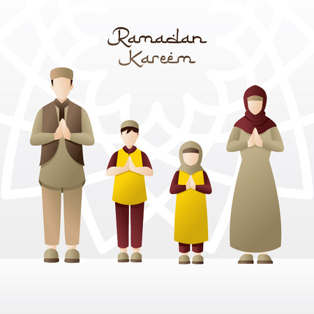 Illustration of a family welcoming the month of Ramadan. Happiness family in the month of Ramadan. Congratulations on fasting - Vector illustrationのイラスト素材