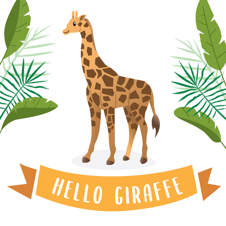 Vector illustration cute giraffe and tropical leaves. Childish background with giraffe cartoon characterのイラスト素材