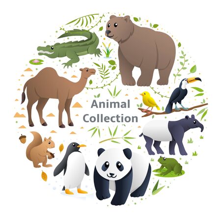 Vector collection funny animals, Cute animals in cartoon style. Crocodile, Bear, Camel, Bird, Squirrel, Panda. Cute Animal Vector illustrationのイラスト素材