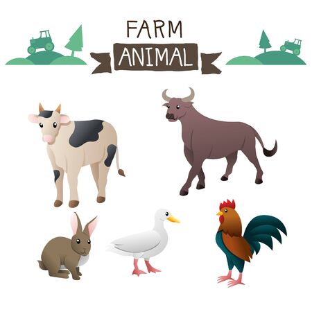 Farm animals set in flat style isolated on white background. Vector illustration. Cute cartoon animals collection: Cow, Buffalo, Bull, Rabbit, Duck, Goose, Chicken, Roosterのイラスト素材