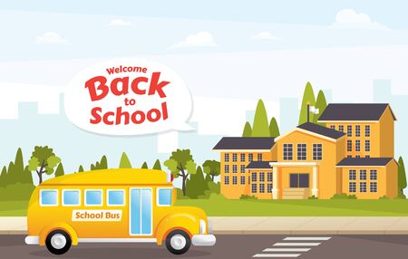 Vector illustration concept Back to school. School building and empty front yard with green grass and trees. Schoolhouse with School bus vector illustrationのイラスト素材