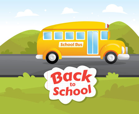 School bus running on country road, back to school concept, vector art and illustration. Side view,...