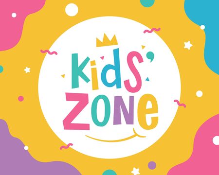 Kids zone vector cartoon logo. Colorful lettering for children's playroom decorationのイラスト素材