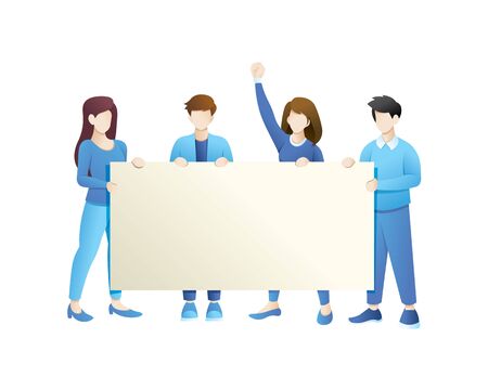 Group of people holding empty banner. Group of men and women standing together and holding blank bannerのイラスト素材