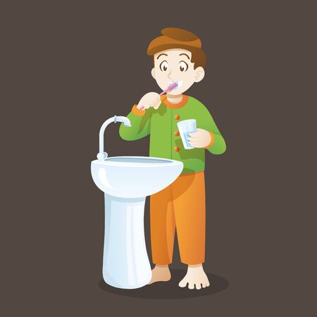 Cute little boy brushing teeth. Kid boy brushing teeth vector illustrationのイラスト素材