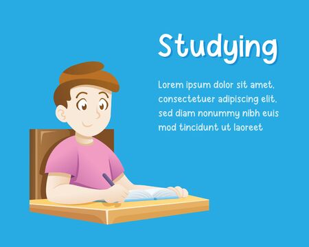 Illustration of a kid boy doing his Homework and Learning, Vector illustration of children educationのイラスト素材
