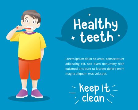 Cute little boy brushing teeth. Kid boy brushing teeth vector illustrationのイラスト素材
