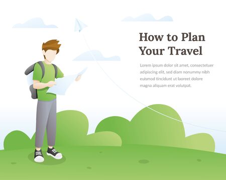 A young man holding the map, How to plan the holiday trip. Illustration concept of a travel agencyのイラスト素材