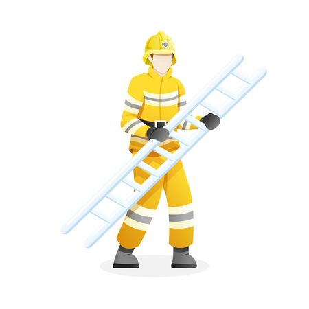Vector illustration Male firefighter carry stair, fireman hold ladder. Man who work as firefighter flat vector illustrationのイラスト素材