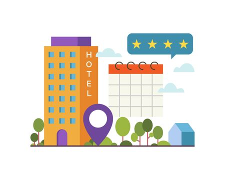 Vector illustration Hotel building with calendar and pin map location. Concept illustration of online booking hotel room Flat vector illustrationのイラスト素材