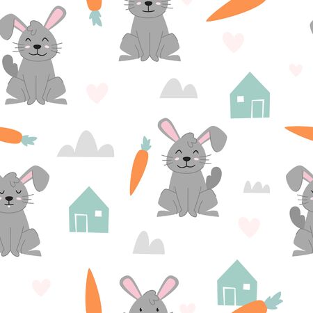 Vector seamless pattern Cute rabbit with carrot, Adorable rabbit seamless pattern. Vector cute animal backgroundのイラスト素材