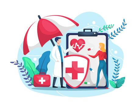 Vector illustration Health insurance concept. Big clipboard with shield, Doctor and Woman under Umbrella. Healthcare, Finance and Medical service. Vector illustration in flat styleのイラスト素材