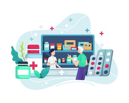 Vector illustration Pharmacist at counter in pharmacy. Pharmacy with pharmacist in counter and people buying medicine. Store and Doctor pharmacist and patient. Vector illustration in a flat styleのイラスト素材