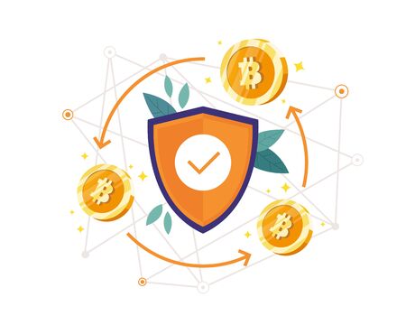 Vector illustration Bitcoin protection concept. Blockchain and bitcoin mining technologies concept. Shield with tick symbol and bitcoins coin, Finance data protection. Vector illustration flat styleのイラスト素材