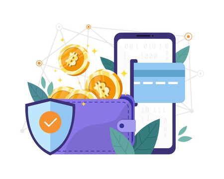 Vector illustration Bitcoin wallet security. Investing in bitcoin wallet, Digital cryptocurrency blockchain, internet bank, Bitcoins money trading. Vector illustration in flat styleのイラスト素材