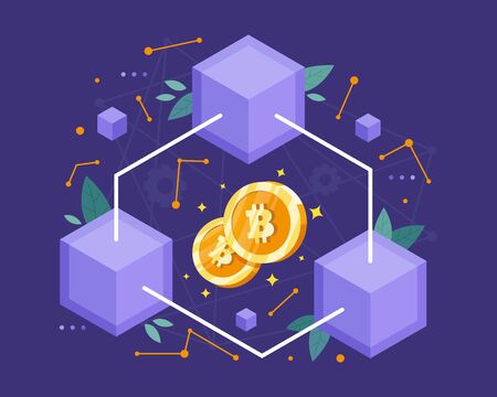 Vector illustration Blockchain concept. Blockchain technology concept, Cubic nodes connected by chain or line. Distributed database for cryptography. Vector illustration in flat styleのイラスト素材