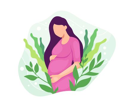 Vector illustration Beautiful pregnancy with floral. Lovely young pregnant woman holding her belly with love. Pregnant woman expecting a baby around the flowers. Vector illustration in a flat styleのイラスト素材