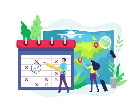Planning time and vacation destinations. Man carrying a large pencil marks the date on the calendar, Young woman looking for a location or vacation destinations on the map. Vector in flat styleのイラスト素材