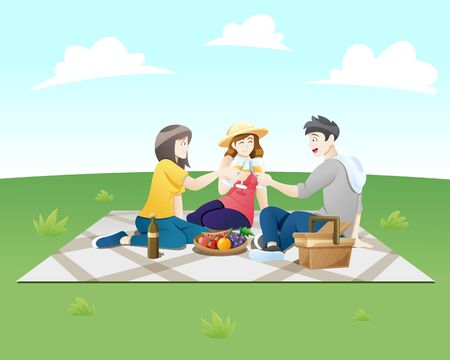 Vector illustration People on a picnic. Group of happy friends at picnic on park. Young smiling men and women eating food, Summer picnic, Picnic party. Vector illustration in flat styleのイラスト素材