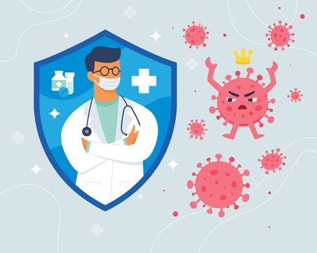 Vector fight the virus. Doctor fight against coronavirus, Doctor in shield wearing mask against coronavirus. Fight covid-19 corona virus. Cure corona virus, Doctor fight virus. Vector in flat styleのイラスト素材