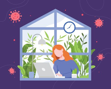 Woman working from home. Work from home during an outbreak of the COVID-19 virus. People work at home to prevent virus infection. Freelance woman working on laptop at her house. Vector in flat styleのイラスト素材