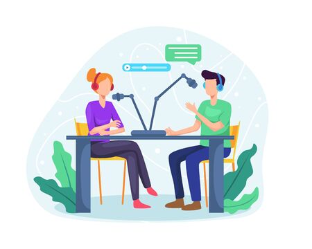 Podcast concept illustration. Male radio host interviewing guests on radio station. Podcast in studio flat vector illustration. Man and woman in headphones talking. Vector in flat styleのイラスト素材