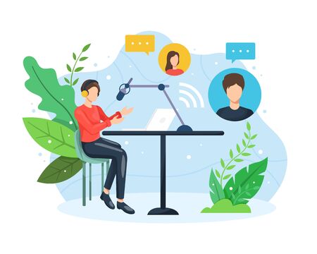 Podcast concept illustration. Male radio host interviewing guests on live stream. Podcast in studio flat vector illustration. Podcasting, broadcasting, online radio concept. Vector in flat styleのイラスト素材