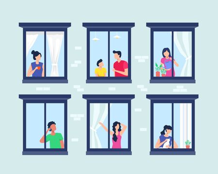 Apartment building with people in open window. Set of neighbors during various activity in windows of house on brick wall. Windows with people, Opened window neighbors people. Vector in flat styleのイラスト素材