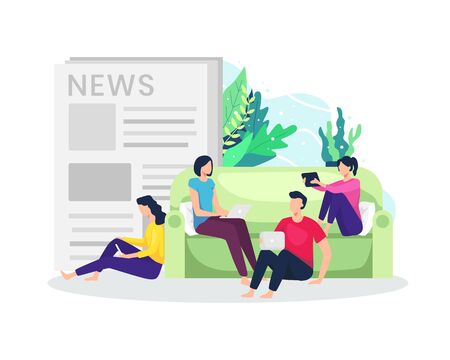 People read news from gadget. Concept of reading newspapers from the internet with smartphone, Tablet and laptop. Reading news and articles on the internet at home. Vector in flat styleのイラスト素材
